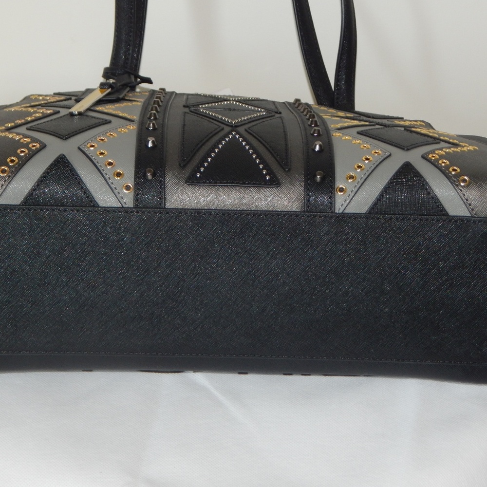CROMIA Saffiano Leather Black Studded Structured Satchel Shoulder Bag ITALY NWT - Picture 5 of 6